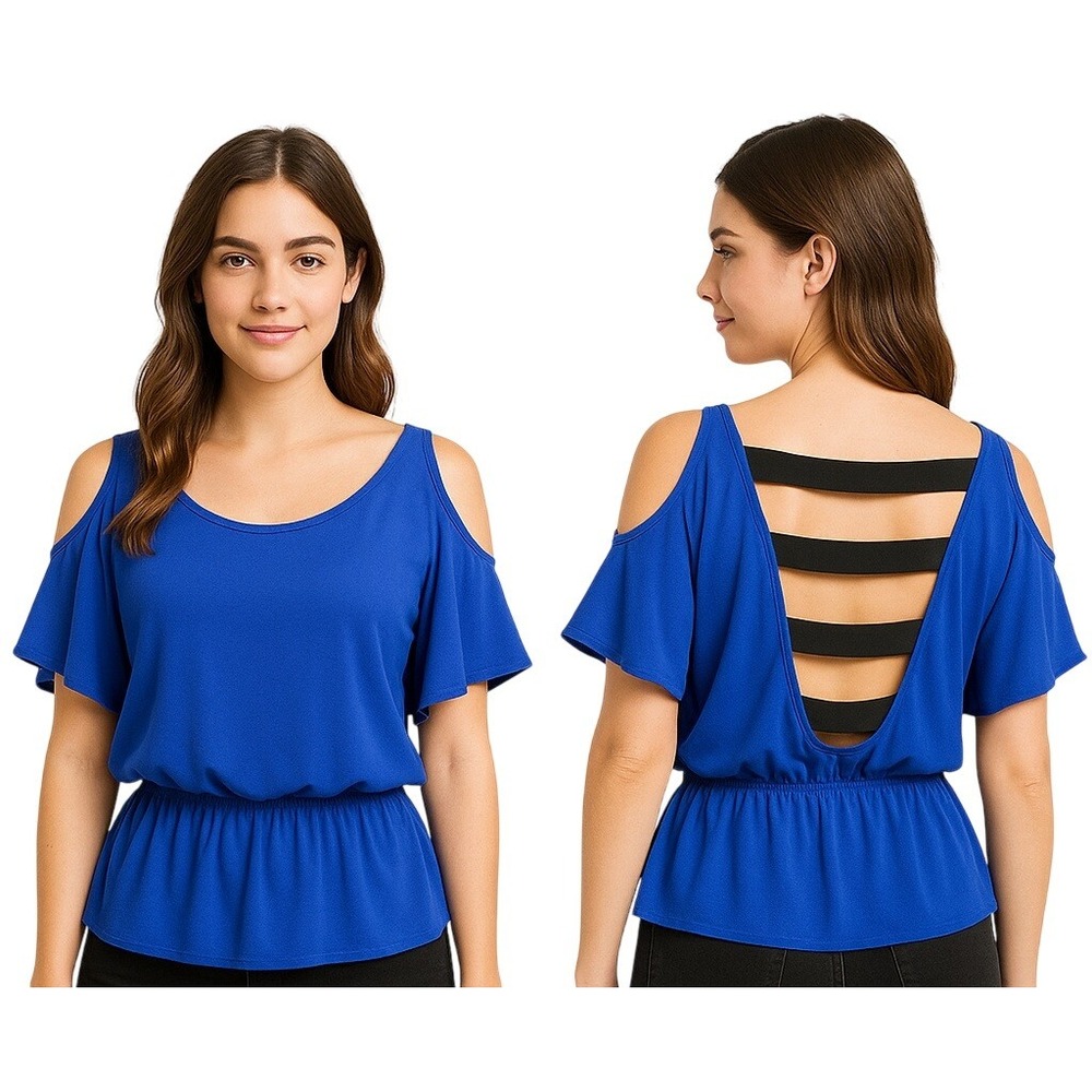 Foreign Exchange Womens Blue Cold Shoulder Peplum Top Cutout Back Strap Detail S